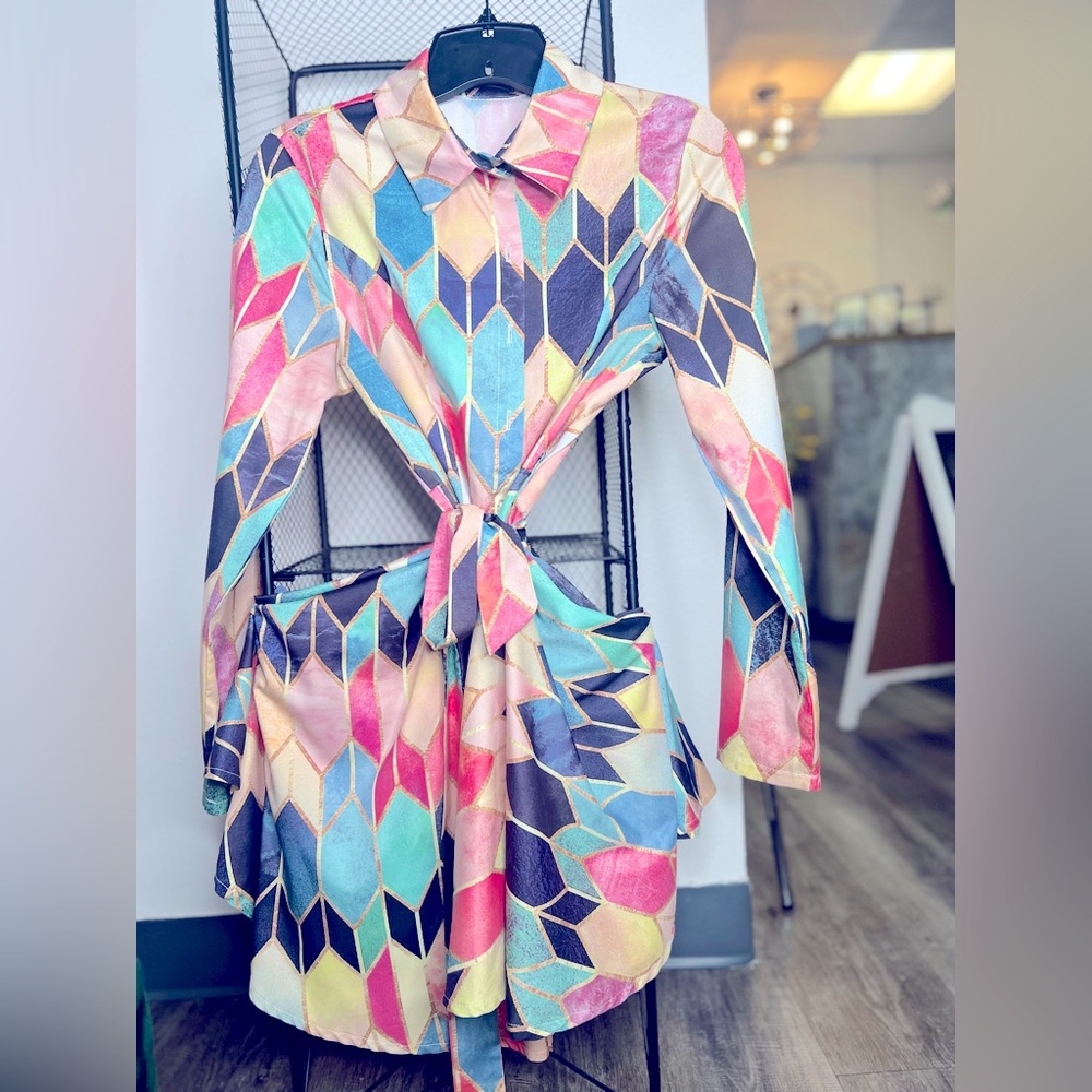 Printed Belted Button up Dress